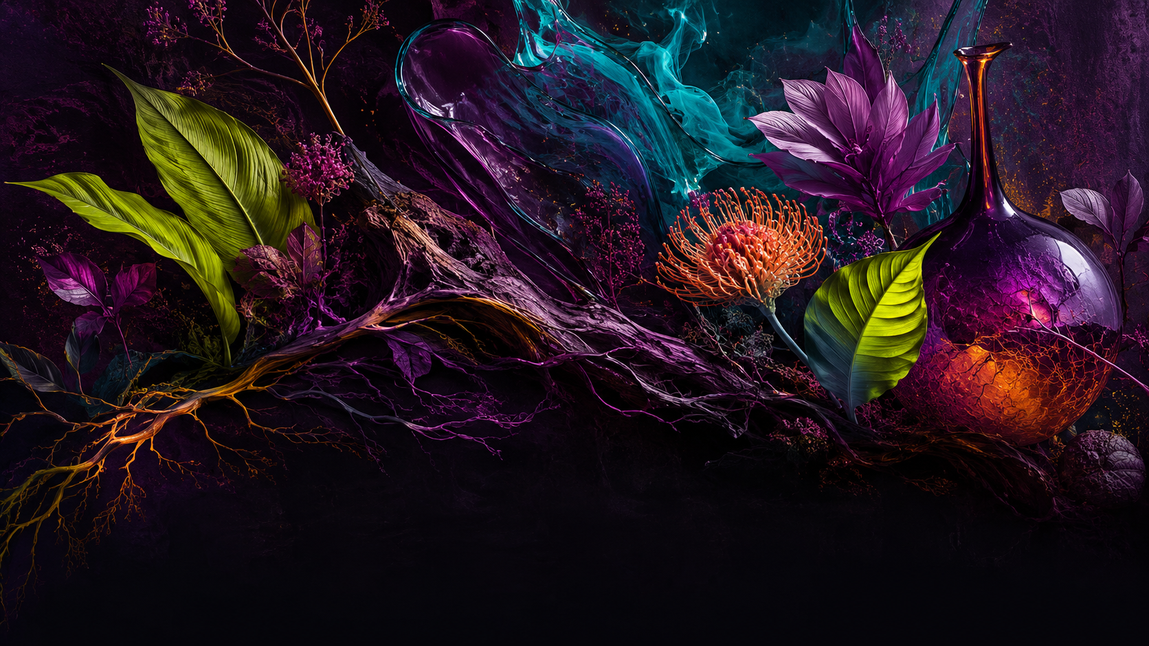 Luminous botanical forms, roots, and handcrafted glass shapes representing Elev8 Wellness
