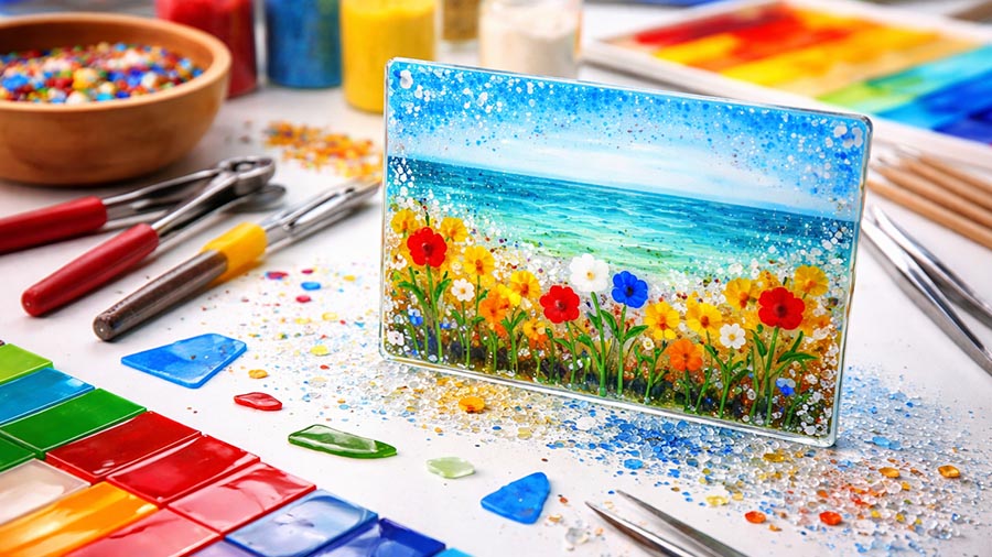 Fused glass pieces displayed as examples for an Elev8 Arts class