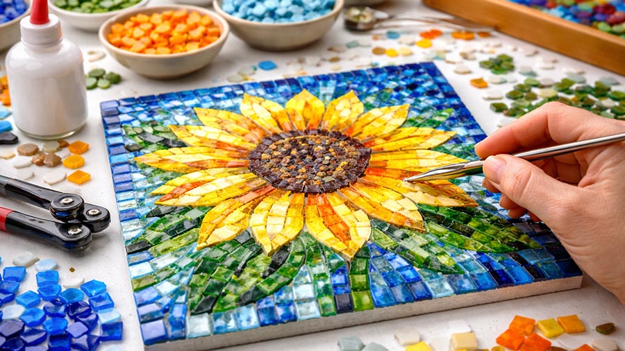 Mosaic glass pieces and tools set out for an Elev8 Arts class