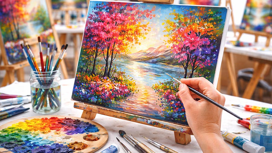 Paint brushes and canvas set up for an Elev8 Arts painting class